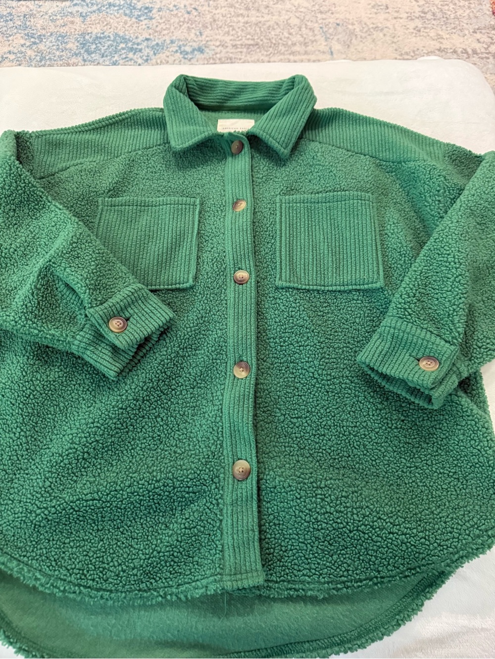 American Eagle Outfitters Green Oversized Fleece Button Jacket Medium EB2